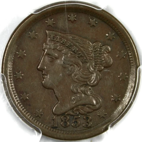 ππΏππππΏπ€π€β€οΈβπ₯PCGS AU58 1853 BRAIDED HAIR HALF CENT Cover