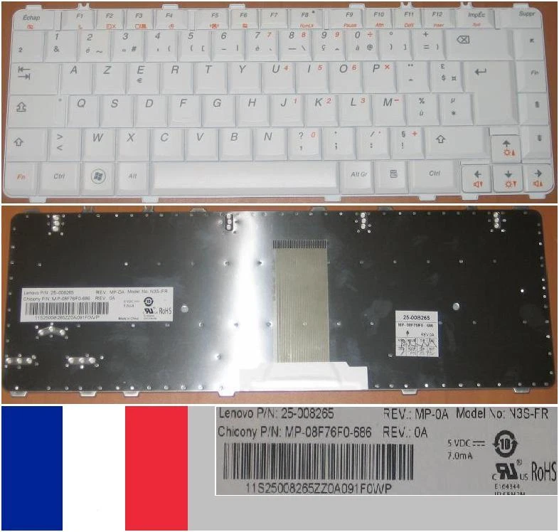 Keyboard AZERTY French Lenovo Y450 Y550 N3S-FR MP-08F76F0-686 25-008265 White - Image 1 of 1