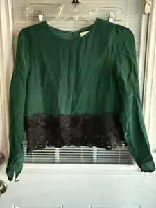 Line & Dot Top Emerald Green Black Lace Trim Lg Sleeve Waist Lngth EUC Sz XS - Picture 1 of 7