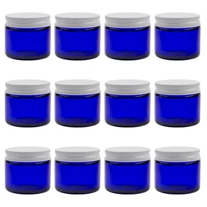 2-Ounce Cobalt Blue Glass Jars w/Metal Lids (12 Pack); Straight Sided Containers - Picture 1 of 10