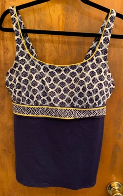 Lands' End Deep Sea Navy Blue White Yellow Swim Tankini Top  Women's 14 - Image 1 of 4