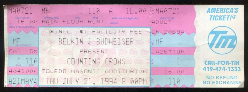 Vintage 1994 Counting Crows Full Complete Concert Ticket Stub Toledo OH - Image 1 of 1