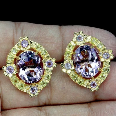 925 Sterling Silver Earrings Oval Amethyst 12x10mm Peridot Gemstone Jewelry - Image 1 of 4