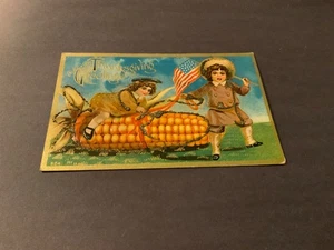 Thanksgiving Greetings~Patriotic-Children-Corncob-Flag-Glitter Embossed Postcard - Picture 1 of 2