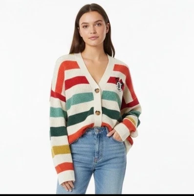 Disney Parks Minnie Mouse Striped Cardigan 100% Cotton Sweater Size Large - Image 1 of 4