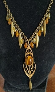 Upcycled Retro Antiqued Gold Necklace 16" Amber Bead Brass Fringe Tiger Eye Deco - Picture 1 of 5