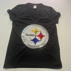 PINK Victoria's Secret Steelers Sequin Graphic T-Shirt V-Neck Top Medium Jersey - Picture 1 of 6