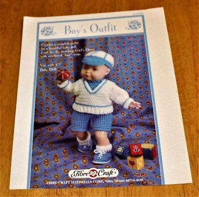 Fibre Craft: BOY'S OUTFIT Crochet Doll Clothes Leaflet FCM318 Guc 15" Baby Doll - Image 1 of 3