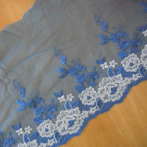 3.5y 8" Wide Acid Blue Tulle Lace with Embroidered White/Acid Blue Flower eh0168 - Picture 1 of 2