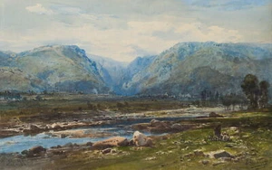 E. HILDEBRANDT (*1817), Weite Landschaft mit Bergen, Aquarell Romantik 1800-1849 - Bild 1 von 5