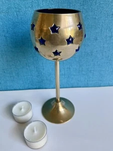 Votive Tea Light Candle Holder Brass W/Blue Glass Liner Star Cutouts 7.5” Tall - Picture 1 of 9