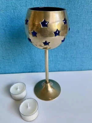 Votive Tea Light Candle Holder Brass W/Blue Glass Liner Star Cutouts 7.5” Tall - Image 1 of 4