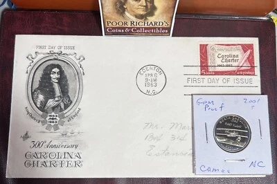 North Carolina Coin & Cover Set 2001S Pr  State Qtr & 1963 Carolina FDC FD140 - Image 1 of 4