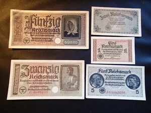 NICE CONDITION WW II BANKNOTES NAZI GERMANY GERMAN 1+2+5+20+50 REICHSMARK - Picture 1 of 2