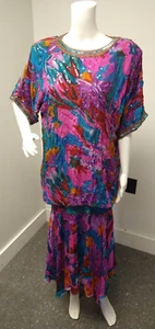 Vintage Sussman's 100 % Seide Pailletten Abendkleid Kleid Y2K hell Blumen klein Maxi - Bild 1 von 7