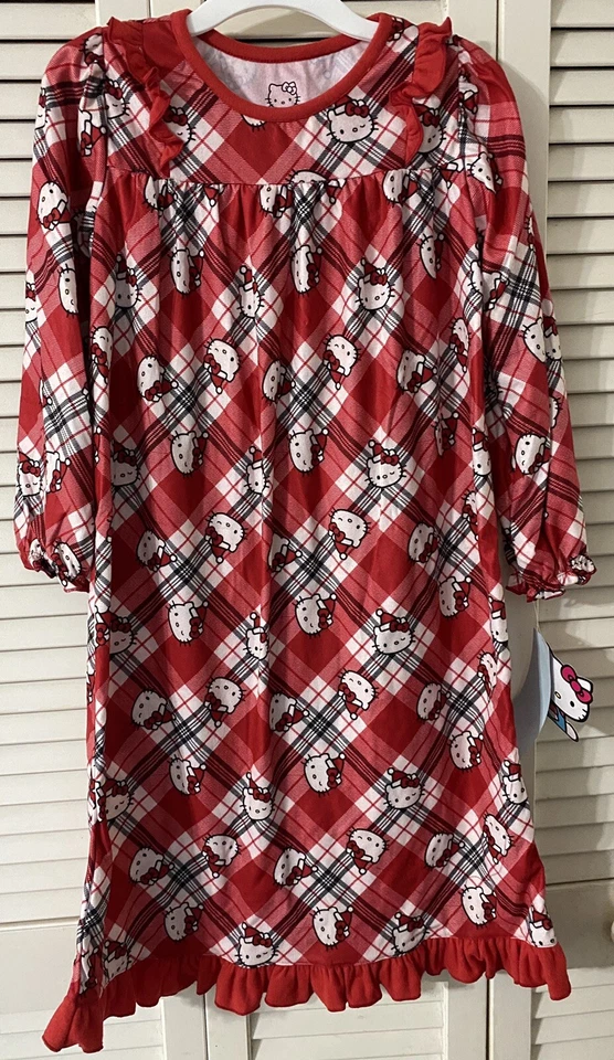 HELLO KITTY BY SANRIO GIRLS RED PLAID CHRISTMAS LONG NIGHTGOWN SIZE XS 4/5 New - Image 1 of 1
