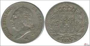 Francia 5 Francos 1823 A Luis XVIII / 24,80 gr. Ag MBC+ / VF+ KM00711.1-23A - Foto 1 di 1