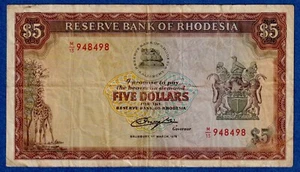 Rhodesia $5 1976  (1st March 1976) P-36a, Circulated Banknote M/13 948498 - Picture 1 of 3