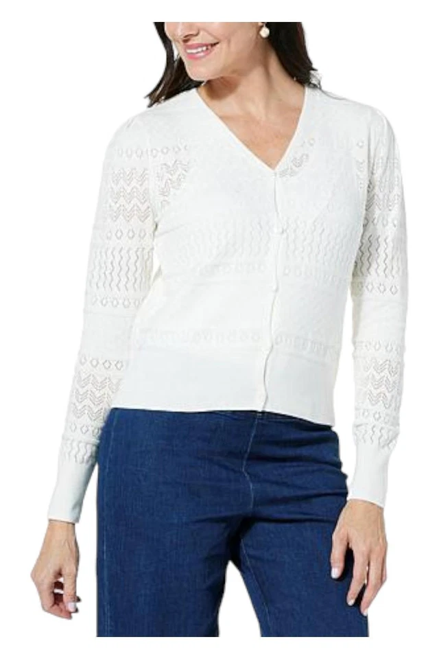 Jaclyn Smith Pointelle Knit Button-Front Cardigan Bright White - Image 1 of 1