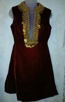 Vintage 60s Renaissance Revival Red Velvet Gold Brocade Coins Tunic Mini Dress  - Image 1 of 4