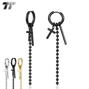 TT Stainless Steel Long Dangle Cross Chain Hoop Earrings (EH162) NEW - Picture 1 of 4