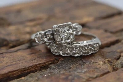 1/4 CT White Round Cut Simulated Diamond Art Deco Antique Style Silver Ring Set - Image 1 of 4