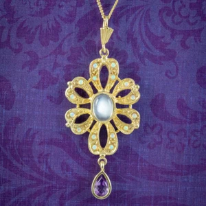 EDWARDIAN STYLE OPAL MOONSTONE AMETHYST PENDANT NECKLACE SILVER GOLD GILT - Picture 1 of 5