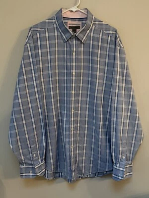 Camisa Johnston & Murphy Para Hombres Botón Manga Larga Azul A Cuadros XXL Ajuste A Medida Foto 1 de 4