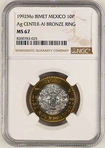 MESSICO 10 Pesos 1992 Argento NGC MS67 Bi-Metallo - Foto 1 di 6
