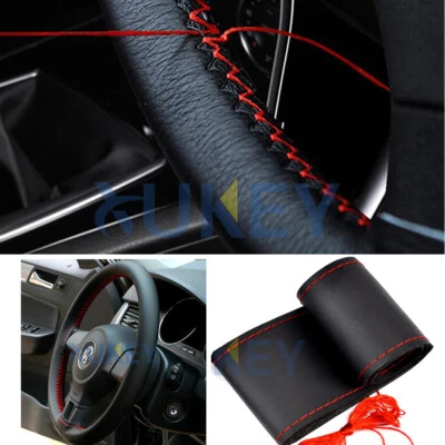 Red Thread Genuine Leather Sport DIY Car Steering Wheel Cover With Needles New - Image 1 of 4