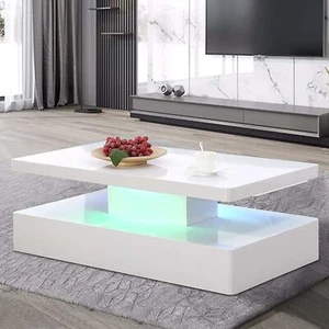 IKIFLY Modern Glossy White Coffee Table W/LED Lighting, Contemporary Rectangle - Picture 1 of 9