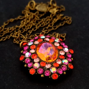 Michal Negrin Necklace Hot Pink Orange AB Crystals Sparkly Pendant Cocktail 23" - Picture 1 of 14