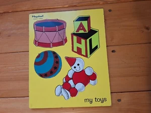 Vintage Playskool Wooden Puzzle "My Toys" 4 Pieces Wood Tray Yellow - Picture 1 of 3