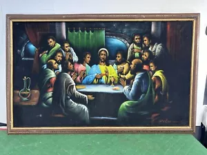 Vintage afrikanisch bin schwarz Jesus letztes Abendmahl religiöser Samt Malerei Kunst Wand signiert - Bild 1 von 15