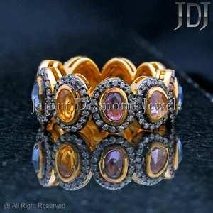 925 Silver Gold Plated Pave Diamond Multi Sapphire Band Ring Handmade Jewelry - Picture 1 of 12