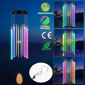 Color Changing Solar Wind Chimes LED Lights Large Deep Tone Resonant Bell Tubes - Picture 1 of 12