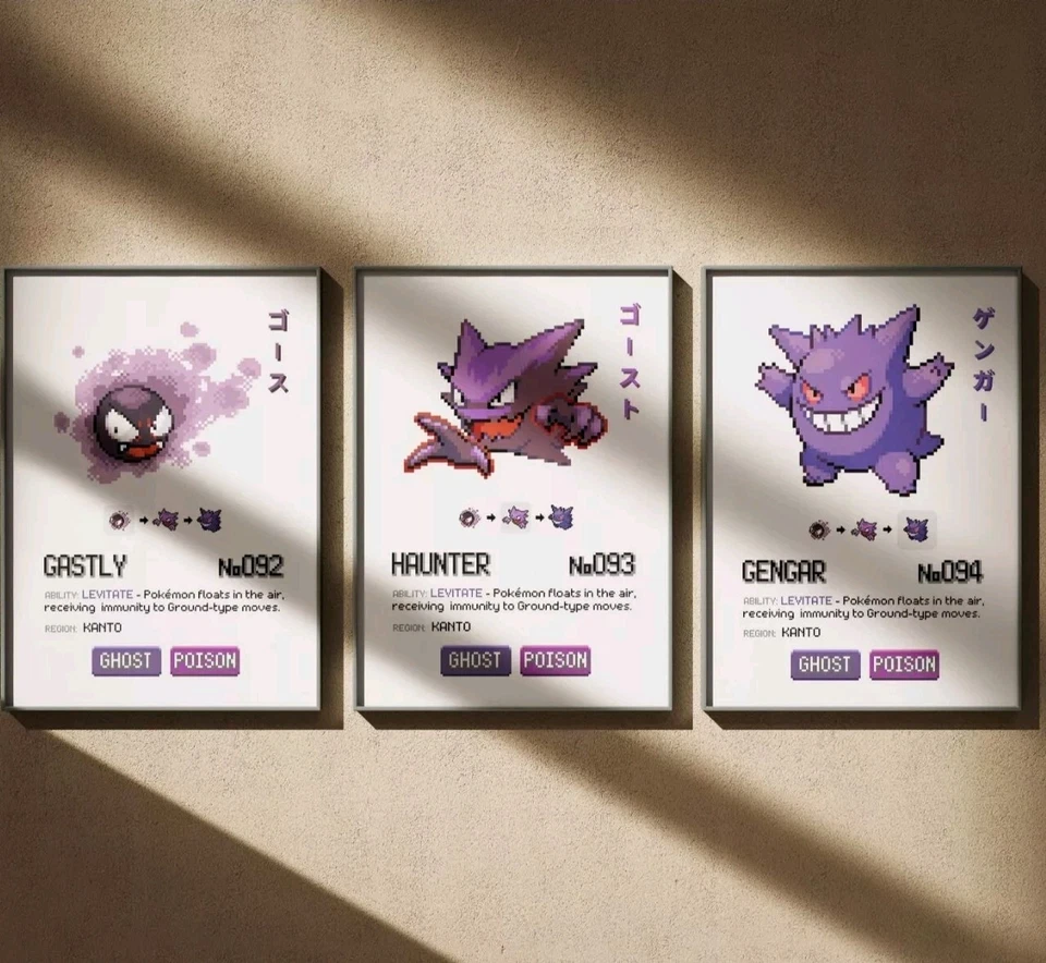 Set of 3 Gengar Evolutions Pokemon Fan Art piece canvas wall home decor Portrait - Image 1 of 4