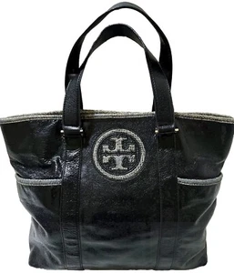 Tory Burch Black Patent Leather Snakeskin Trim Gold Hardware Shoulder Tote Bag - Picture 1 of 11