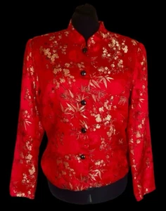 R&K Evening Womens Silk Blend Blazer Size 16 Red Floral Button-Up Long Sleeve - Picture 1 of 11