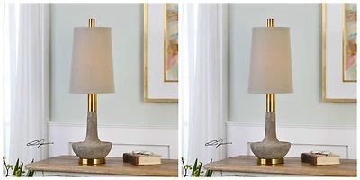 ПАРА НАСТОЛЬНЫХ ЛАМП VOLONGO 31 ДЮЙМ ТЕКСТУРИРОВАННЫЙ КАМЕНЬ ОТДЕЛКА СЛОНОВАЯ КОСТЬ БУФЕТ 29211 - Изображение 1 из 4