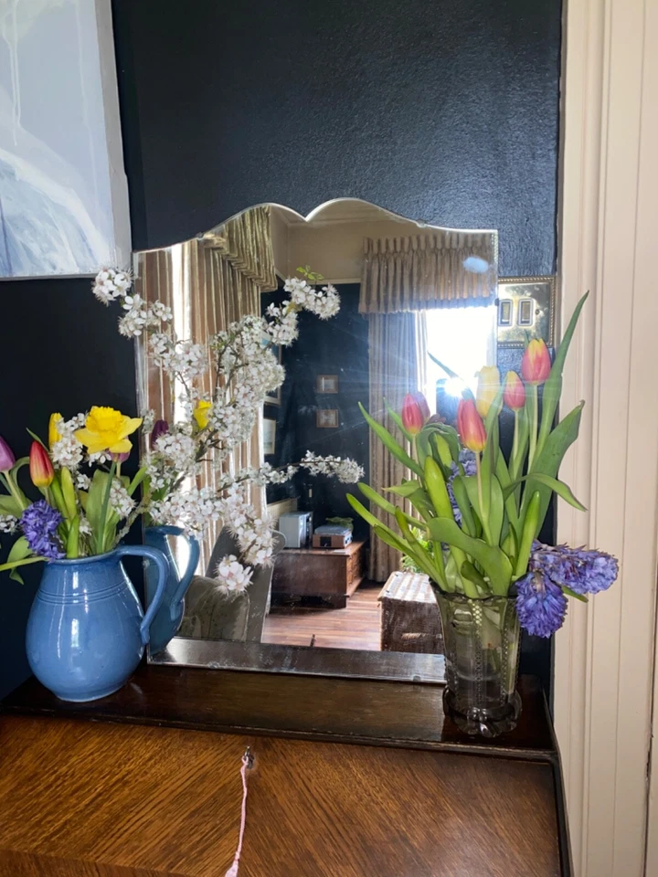 Antique Vintage Art Deco Mirror 1920s Frameless Large Glass Moustache Ornate - Image 1 of 4