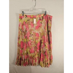 LOFT Floral Print Pleated Midi Skirt Womens Size 14 Pink Green Brown Career - Picture 1 of 9