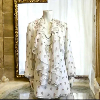 LA ROK Ruffled Boho Poet Blouse Chain Detail Star Print Womens Size Small - Image 1 of 4