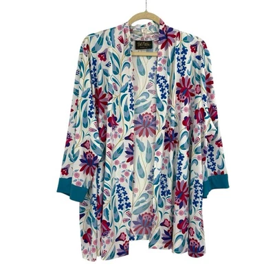 Bob Mackie Usable Arte Colorido Floral Manga 3/4 Kimono Tejido Líquido 2X Foto 1 de 4