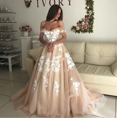 Линия шампанского свадебное платье с плеча 3D аппликация кружева богемный Brida - Изображение 1 из 4