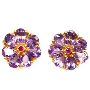 925 Sterling Silver 4 x 6 MM. Pink Amethyst & Red Ruby Birthstone Earrings - Picture 1 of 4