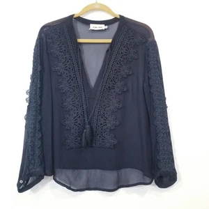 Line and Dot Women size 10 Black Crochet Tassels Deep V-neckline Sheer Blouse - Picture 1 of 11