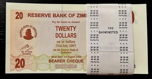 Zimbabwe 20 DOLLARS P-40 2006 x 100 Pcs Lot BUNDLE B Cheque UNC Zimbabwean NOTE - Picture 1 of 7
