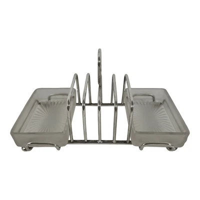 Antiguo estante para tostadas inglés plateado con platos de condimento Foto 1 de 4