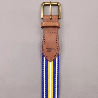 Polo Ralph Lauren Belt Mens 32 Blue Yellow Striped Web Leather Tab Brass Buckle - Image 1 of 4